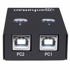 Manhattan USB-A automaattinen jakokytkin, 2x USB-B -portit, 480 Mbps (USB 2.0), kaksoisohjaus (automaattinen tai manuaalinen), USB-virta (ei ulkoista virtalähdettä), sisältää 1x 1.5m USB-A – USB-B -kaapelin