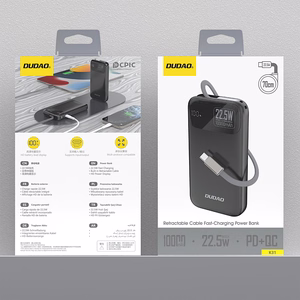 Dudao K31 10000 mAh 22.5W PD Powerbank sisäänrakennetulla kaapelilla - musta