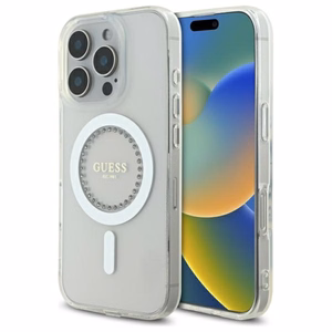 Guess IML Rhinestones MagSafe Suojakuori iPhone 16 Pro Maxille - valkoinen