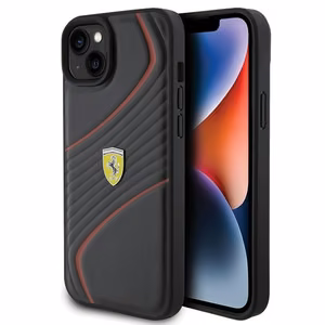 Ferrari Twist Metal Logo Suojakuori iPhone 15 Plus:lle - musta