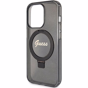 Guess Ring Stand Script Glitter MagSafe Suojakuori iPhone 15 Prolle - musta
