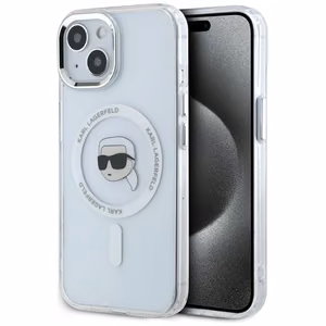 Karl Lagerfeld suojakuori iPhone 15:lle MagSafe-tuella KLHMP15SHLSKIH (IML Metal K Head) - valkoinen