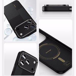 Benks Montage Magnetic Armor Pro Kevlar -suojakuori metallikehyksellä 600D+1500D (C.K.FL.AP.BK.MA70) Iphone 17 Pro Maxille, musta (kameran ohjauspainike)