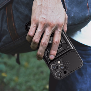 Hybrid Armor Camshield Panssaroitu Suojakuori iPhone 16 Pro Max:lle kameransuojalla ja jalustalla - Musta