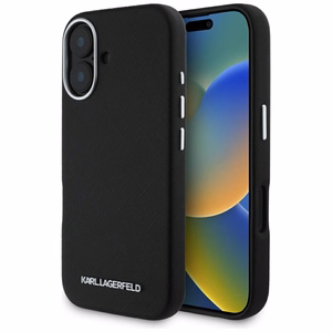 Karl Lagerfeld Saffiano Full Wrapped Elongated Metal Logo MagSafe Suojakuori iPhone 16:lle - musta