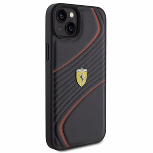 Ferrari Twist Metal Logo Suojakuori iPhone 15 Plus:lle - musta