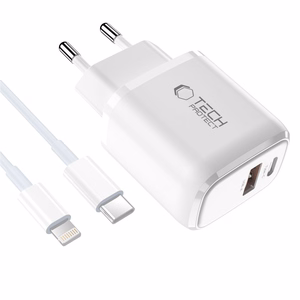 Tech-Protect NCA20 PD 20W QC3.0 USB-A / USB-C Wall Charger + USB-C / Lightning Cable 100cm - White