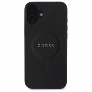 Guess Saffiano Classic Logo MagSafe Suojakuori iPhone 16:lle - musta