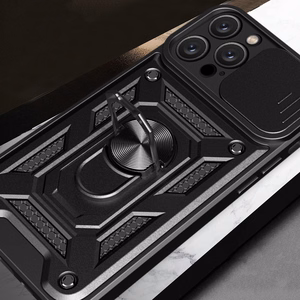 Hybrid Armor Camshield Panssaroitu Suojakuori iPhone 16 Pro Max:lle kameransuojalla ja jalustalla - Musta