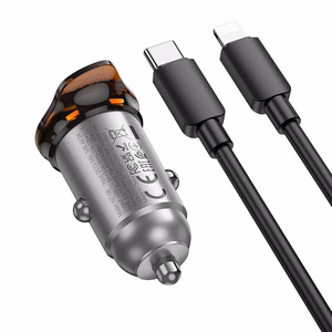 Autolaturi Hoco 2 x USB-C QC PD 45W + USB-C - Lightning -kaapeli NZ16B metallinen harmaa