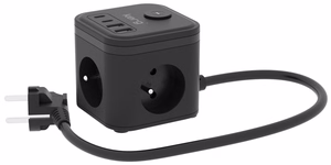 KERG 3-pistorasian virtakuutio + pikalaturi USB-A+USB-C 1.5m 3×1.5mm2 H05VV-F 16A/250V~ Smart musta