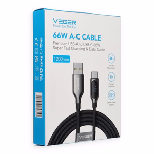 Kaapeli LED-näytöllä, USB A – Type C, VEGER PD 3A 66W, AC1-XHJ, 1,2 m, musta