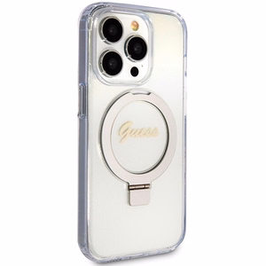 GUESS Suojakuori IPHONE 15 Prolle MagSafe-yhteensopiva GUHMP15LHRSGSD (Glitter Script Logo Ring stand) läpinäkyvä