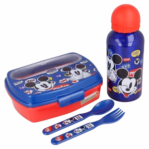 Mickey Mouse eväsrasiasetti 400 ml:n juomapullolla ja ruokailuvälineillä