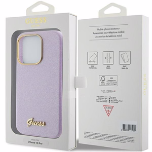 Guess Glitter Glossy Script suojakuori iPhone 15 Pro:lle - liila