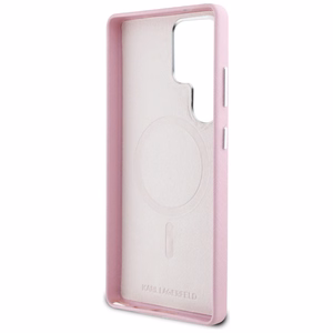 Karl Lagerfeld Saffiano Full Wrapped Elongated Metal Logo MagSafe Suojakuori Samsung Galaxy S25 Ultralle - vaaleanpunainen