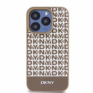 DKNY Nahkainen Painettu Kuvio Metallinen Logo MagSafe Suojakuori iPhone 15 Pro:lle - ruskea