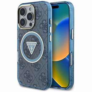 Guess IML Metal Glitter 4G Circle Triangle MagSafe Suojakuori iPhone 16 Pro Max:lle - Sininen