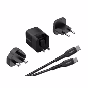 Energizer Ultimate A20MUC GaN-matkalaturi EU-, UK- ja US-pistokkeilla, USB-C, 20 W PD, USB-C-kaapelilla, musta