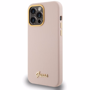 Guess Silikoninen Script Metal Logo & Frame Suojakuori iPhone 15 Pro Maxille - vaaleanpunainen