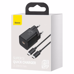 Laturi Baseus Super Si 25W USB-C + USB-C-USB-C-kaapeli 1.0m musta TZCCSUP-L01