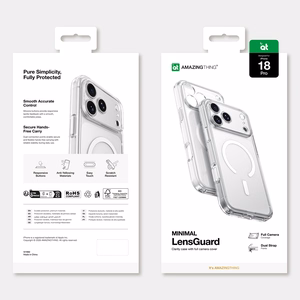 AmazingThing Minimal Mag Lens suojakuori mallille iPhone 18 Pro, kameransuojuksella ja hihnakiinnikkeellä, MagSafe-yhteensopiva – väri: läpinäkyvä