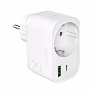 Puro 20W Power Delivery Charger with Schuko Plug and Socket 1x USB-C + 1x USB-A - White