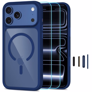 Tech-Protect MagOne MagSafe CC suojakuori ja 2 kpl karkaistuja laseja malleille iPhone 18 Pro Max / 17 Pro Max, läpinäkyvä tummansininen
