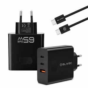 Blavec seinälaturi BC-11 GaN - USB + 2xType C - QC PD 65W 3A ja Type C - Type C -kaapeli (TCBC11G-U2CB653A) musta