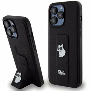 Karl Lagerfeld Gripstand Saffiano Choupette Pins -suojakuori iPhone 13 Pro / 13:lle - musta