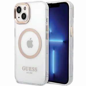 Guess Metal Outline MagSafe Suojakuori iPhone 15 Plus / 14 Plus:lle - kultainen