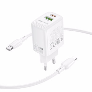 Borofone Wall charger BN29 Fuente - USB + Type C - QC 3.0 PD 30W with Type C to Lightning cable white