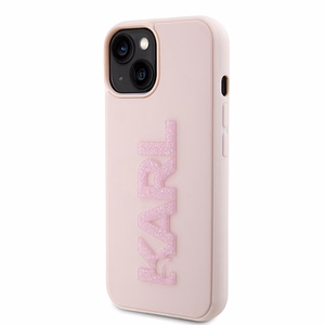 Karl Lagerfeld 3D Rubber Glitter Logo Suojakuori iPhone 15 Plus:lle - vaaleanpunainen