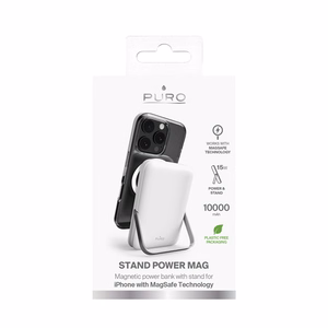 Puro 10000mAh MagSafe Wireless Power Bank alumiinisella jalustalla - Valkoinen