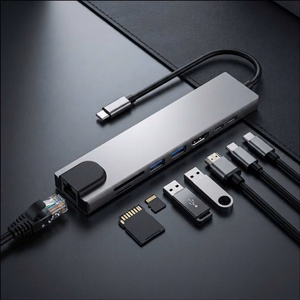 Tech-Protect HB09 USB-hubi 8in1 TYPE-C + USB-A 3.0 + USB-C 3.0 + HDMI 4K 60HZ + SD/TF + PD100W + RJ45 1000 MB/S - harmaa