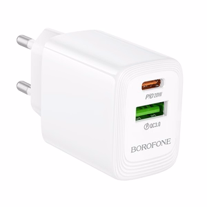 Borofone Wall charger BN27 Fuente - USB + Type C - QC 3.0 PD 20W white