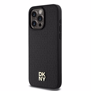 DKNY Nahkainen Monogram Pattern Metal Logo MagSafe Suojakuori iPhone 15 Pro Max:lle - Musta