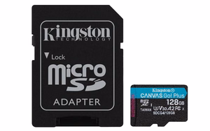 Kingston muistikortti 128GB microSDXC Canvas Go Plus Gen4 200MB/s A2 U3 V30 + sovitin
