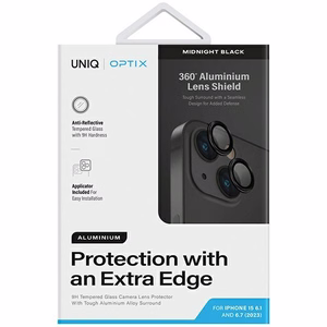 Uniq Optix lasi alumiininen kameran linssisuoja iPhone 15 / 15 Plus kameralle applikaattorin kanssa - musta