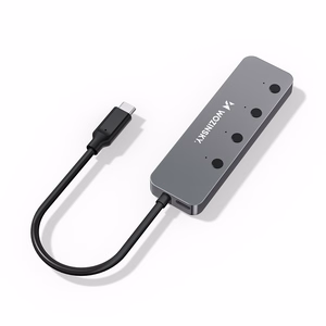 Harmaa alumiininen 4 × USB-A 3.0 -keskitin Wozinsky WHS080YSS erillisillä kytkimillä ja 15 cm:n USB-C-kaapelilla