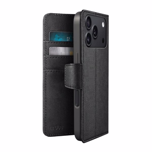 SBS Wallet Classic suojakuori mallille iPhone 18 Pro Max, lompakolla ja jalustalla – musta