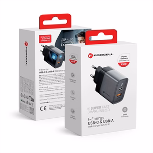Puhelimen laturi Forcell F-Energy GaN USB C + USB A QC4.0 PD 4A 45W VT-39 harmaa