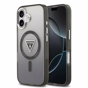 Guess Suojakuori Magsafe IML Gradient Triangle Logo -painatuksella ja hopeisilla metallisilla kameranäppäimillä iPhone 17:lle musta