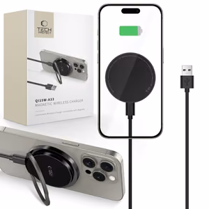 Tech-Protect QI15W-A33 Induktiivinen laturi MagSafe-tuella ja jalustalla USB-A / USB-C kaapelilla - musta