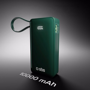 Powerbank SBS 10000 mAh 20W sisäänrakennetulla USB-C-kaapelilla ja digitaalisella näytöllä - vihreä