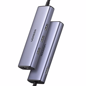Ugreen CM512 15598 6in1 USB-C-keskitin - 3x USB-A 3.0 / HDMI / RJ45 / USB-C PD - harmaa