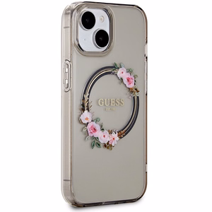 Guess IML Flowers Wreath MagSafe Suojakuori iPhone 15 / 14 / 13:lle - musta