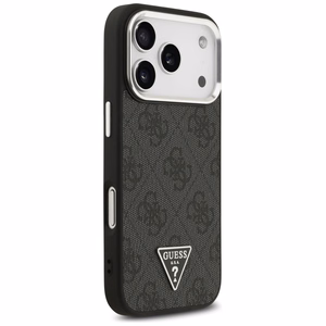 Guess MagSafe 4G PU Nahkainen Suojakuori Triangle Logo ja Hopeinen Metallikehys iPhone 17 Pro:lle - Musta