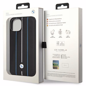 BMW BMHCP14S22RVSK iPhone 14 6.1 musta/musta kovakuori Leather Stamp Blue Lines