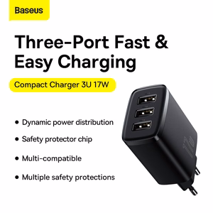 Baseus Compact seinälaturi - 3xUSB - 17W (CCXJ020101) musta